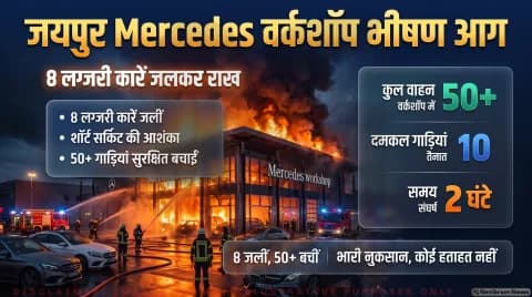 सांगानेर सदर क्षेत्र में मर्सिडीज वर्कशॉप में भीषण आग; 8 लग्जरी कारें और पार्ट्स जलकर राख : Jaipur Fire Incident Alert 2026
