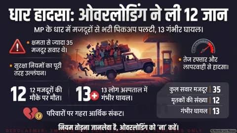 मध्य प्रदेश: धार में पिकअप पलटने से बड़ा हादसा, 12 मजदूरों की मौत, 13 गंभीर घायल