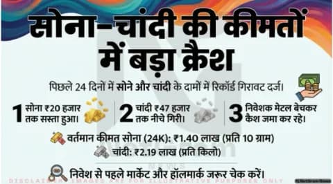 सोना-चांदी में बड़ी गिरावट: 24 दिन में भारी क्रैश, निवेशकों में बेचैनी