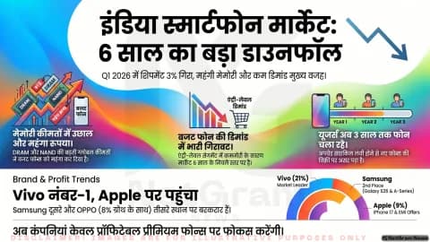 भारत का स्मार्टफोन बाज़ार 6 साल के निचले स्तर पर, Q1 2026 में गिरावट दर्ज