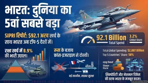 SIPRI रिपोर्ट: भारत का सैन्य खर्च 92.1 अरब डॉलर पहुंचा, दुनिया में 5वें स्थान पर