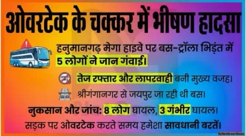 Road Incident: हनुमानगढ़ में बस-ट्रॉला भिड़ंत, 5 की मौत, ओवरटेक के दौरान हुआ भीषण हादसा