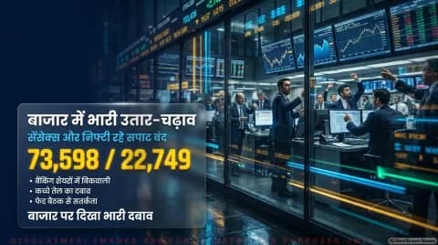शेयर बाजार सपाट बंद: कच्चे तेल की कीमतों और बैंकिंग शेयरों में बिकवाली से सेंसेक्स 73,598 और निफ्टी 22,749 पर थमा