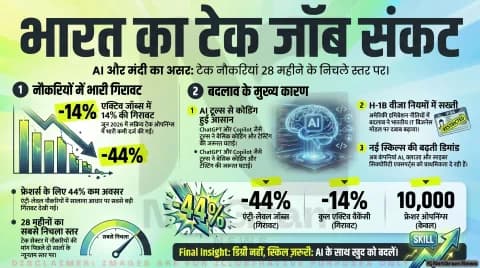 H-1B सख्ती, AI ऑटोमेशन और वैश्विक मंदी का असर: भारत में टेक नौकरियों की मांग 28 महीने के सबसे निचले स्तर पर